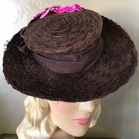 CHIC 1940\'s BROWN TILT HAT WITH FUCHSIA VELVET FLOWERS & MATCHING VEIL main image 14